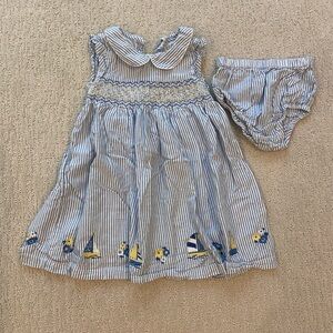 JoJo Maman Bebe Blue and White Striped Dress with Bloomers